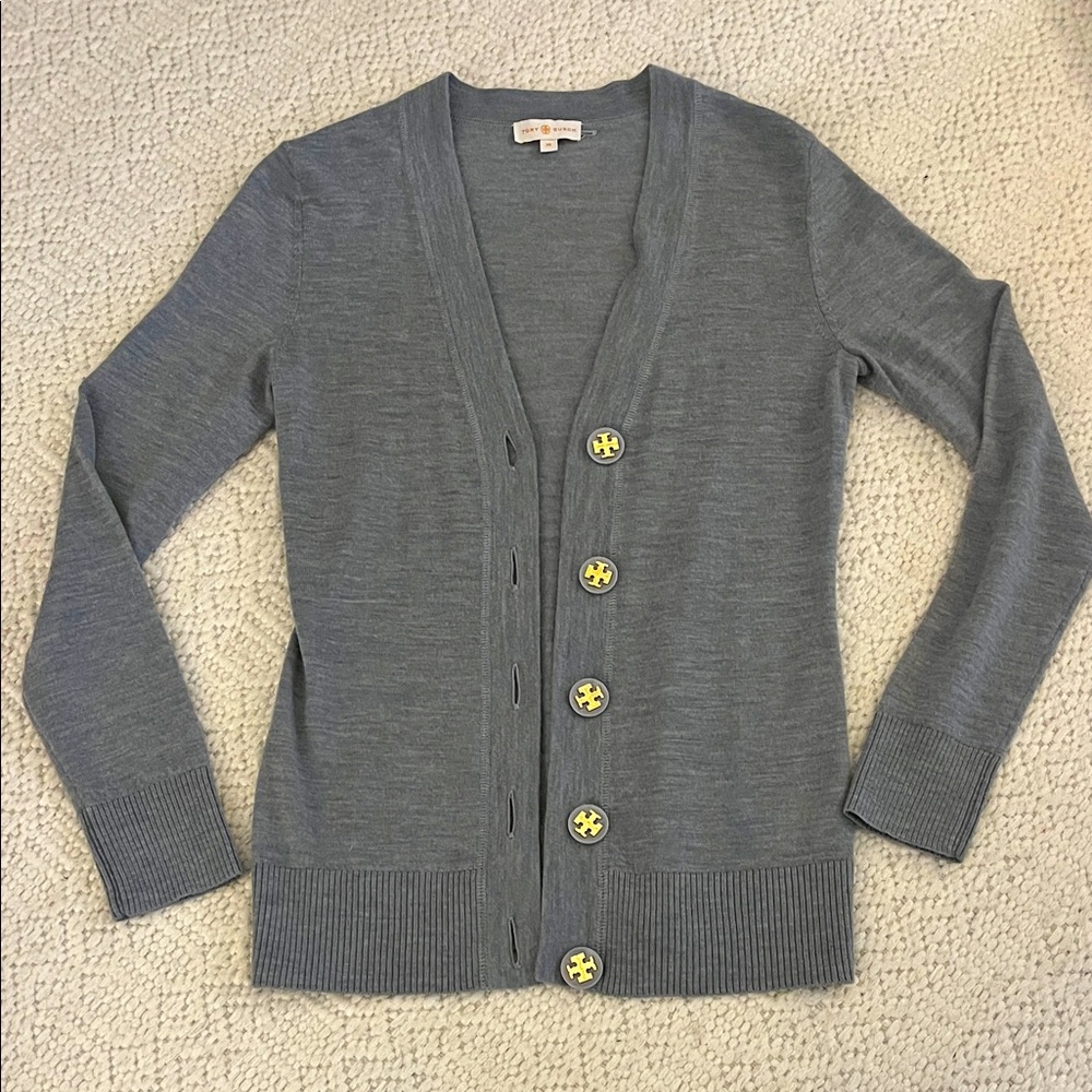 Tory Burch Gray V-Neck Cardigan with Logo Buttons